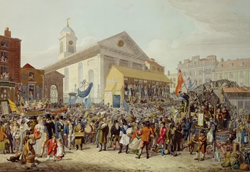 Darstellung der Wahl der Parlamentsmitglieder für Westminster, 1818